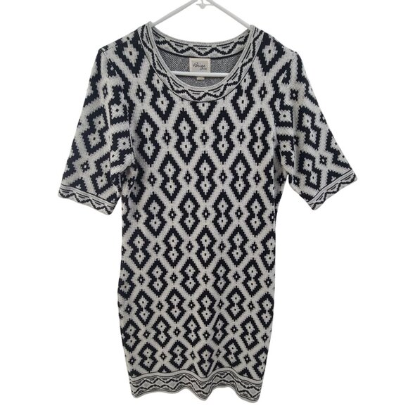 ECI Beige Sweater Dress Womens Large Black Beige Aztec Knit Short Sleeve Sheath - Picture 1 of 7